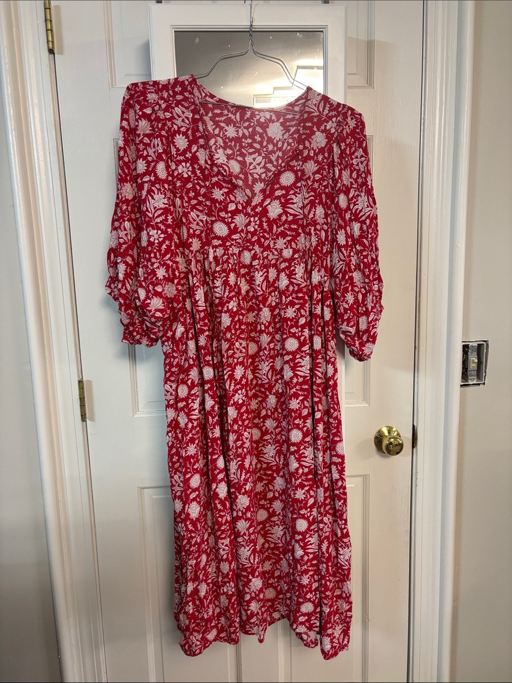 Red Floral Midi Dress with Puff Sleeves